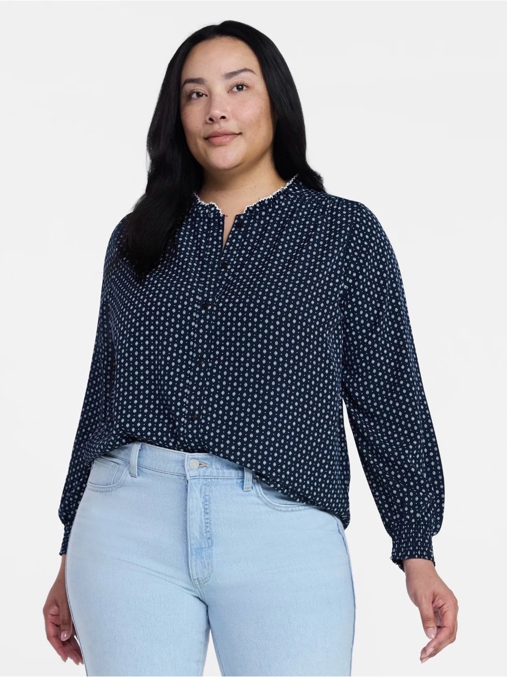 (284)Women's Navy Blue Printed Long-Sleeve Blouse